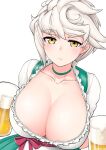  1girl alcohol alternate_costume asymmetrical_hair beer beer_mug braid breasts cup cypress dirndl german_clothes holding holding_cup kantai_collection large_breasts long_hair mug silver_hair single_braid smile solo unryuu_(kancolle) upper_body very_long_hair wavy_hair yellow_eyes 