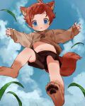  1boy animal_ears animal_hands barefoot blue_eyes child cloud cloudy_sky day grass highres leaf looking_at_viewer looking_down male_focus original outdoors red_hair sky solo tail thebrushking 