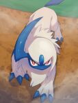  absol bright_pupils claws commentary from_above highres looking_up no_humans nullma pokemon pokemon_(creature) red_eyes shiny signature solo standing white_fur 