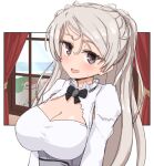  1girl armpit_cutout breasts brown_eyes cleavage_cutout clothing_cutout conte_di_cavour_(kancolle) dress junes kantai_collection large_breasts long_hair long_sleeves silver_hair solo two_side_up white_dress 