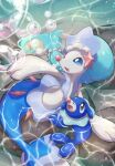  :d absurdres blue_eyes blurry bubble colored_eyelashes commentary fang from_above grey_eyes highres no_humans nullma open_mouth outstretched_arm pokemon pokemon_(creature) popplio primarina signature smile tongue water 