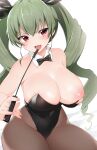  1girl absurdres anchovy_(girls_und_panzer) bangs bare_shoulders black_leotard blush bow bowtie breasts brown_legwear commentary_request covered_navel detached_collar drill_hair eyebrows_visible_through_hair girls_und_panzer green_hair hair_ribbon highres large_breasts leotard long_hair looking_at_viewer nipples one_breast_out open_mouth pantyhose red_eyes ribbon riding_crop sitting smile solo strapless strapless_leotard sweat tongue twin_drills twintails uzura_kazuhisa 