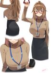  1girl alternate_costume alternate_hair_length alternate_hairstyle ass bangs black_skirt blush breasts brown_hair eyebrows_visible_through_hair girls&#039;_frontline glasses grizzly_mkv_(girls&#039;_frontline) high-waist_skirt highres id_card kion-kun large_breasts long_hair long_sleeves pencil_skirt purple_eyes red-framed_eyewear semi-rimless_eyewear simple_background skirt solo sweatdrop sweater symbol-only_commentary turtleneck turtleneck_sweater white_background 