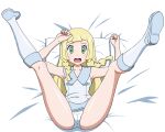  1girl 86-shiki bangs bare_arms bed_sheet blonde_hair blue_footwear blush braid cameltoe collared_dress dress eyelashes folded full_body green_eyes grey_legwear hands_up kneehighs kneepits lillie_(pokemon) long_hair looking_down lying on_back open_mouth panties pillow pokemon pokemon_(game) pokemon_sm raised_eyebrows shiny shiny_skin shoes sleeveless sleeveless_dress solo teeth tongue twin_braids underwear upper_teeth white_panties 