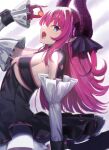  1girl bangs black_dress blue_eyes breasts corset curled_horns dragon_girl dragon_horns dragon_tail dress elizabeth_bathory_(fate) elizabeth_bathory_(fate/extra_ccc) eyebrows_visible_through_hair eyelashes fang fate/extra fate/extra_ccc fate/grand_order fate_(series) from_side gloves hair_ornament halloween highres holding horns jack-o&#039;-lantern layered_skirt long_hair looking_at_viewer neko_daruma open_mouth pointy_ears pumpkin purple_gloves purple_hair purple_horns revealing_clothes sideboob sidelocks skirt small_breasts solo tail tongue white_sleeves 