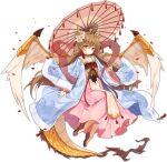  1girl ark_order bangs blue_jacket brown_footwear brown_hair chinese_clothes choker dango_remi dragon_horns dragon_tail dragon_wings dress feathered_wings flower full_body hagoromo hair_flower hair_ornament hanfu holding holding_umbrella horns jacket long_hair long_sleeves looking_at_viewer official_art oil-paper_umbrella pink_dress red_choker red_ribbon ribbon shawl sidelocks solo tabard tachi-e tail tassel transparent_background umbrella wave_print white_flower white_wings wide_sleeves wings yellow_eyes yinglong_(ark_order) 