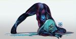  1girl armor ass bangs blue_hair breasts dark_samus flexible full_body jack-o&#039;_challenge long_hair looking_at_viewer meme metroid metroid_prime simple_background solo spread_legs third_eye top-down_bottom-up white_background wide_spread_legs xuuikie_ashe 