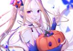  1girl :o abigail_williams_(fate) bangs black_bow blonde_hair blue_nails blurry blurry_foreground bow breasts choker cleavage commentary detached_sleeves fate/grand_order fate_(series) floating_hair hair_bow hand_up holding kinom_(sculpturesky) long_hair long_sleeves looking_at_viewer multiple_hair_bows nail_polish open_mouth parted_bangs pumpkin purple_bow purple_eyes purple_ribbon purple_sleeves red_bow ribbon ribbon_choker simple_background small_breasts solo twintails upper_body very_long_hair white_background 