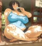  1girl alternate_breast_size amagami arm_support bangs bare_shoulders barefoot belly black_hair black_skirt blue_shirt blush breasts brown_eyes cleavage covered_navel covered_nipples day eating feet food food_in_mouth heroherotom holding holding_food huge_breasts indian_style leaning_back miniskirt muffin_top plump popsicle shirt short_hair sitting skirt sleeveless sleeveless_shirt sliding_doors solo spaghetti_strap sunlight sweat tachibana_miya tank_top thighs toes veranda 