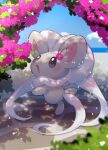  absurdres blurry cinccino cloud commentary day flower highres leg_up looking_up no_humans nullma open_mouth outdoors pokemon pokemon_(creature) signature sky solo standing standing_on_one_leg toes tongue 