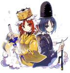  2others androgynous arrow_(projectile) blue_eyes blue_hair bow_(weapon) crown frilled_hat frills hat highres holding holding_sword holding_weapon japanese_clothes kariginu kashiwagi_kaoru len&#039;en multiple_others ooya_kunimitsu red_eyes red_hair short_hair smile sword tate_eboshi turtleneck vest weapon 