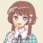  1girl artist_name bangs braid bright_pupils candy food green_eyes hair_ornament hand_up highres lollipop long_sleeves looking_at_viewer nokanok original plaid plaid_shirt shirt simple_background solo tan_background tongue tongue_out twin_braids upper_body white_pupils x_hair_ornament 