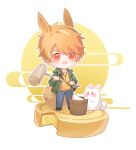  1boy :d animal_ears bangs blonde_hair blue_pants bucket bunny chibi fang full_body full_moon green_jacket hammer highres holding holding_hammer jacket jewelry looking_at_viewer luke_pearce_(tears_of_themis) male_focus moon necklace open_mouth pants rabbit_boy rabbit_ears rabbit_tail red_eyes shirt short_hair smile solo tail tears_of_themis white_background xinsuimangguoren yellow_shirt 
