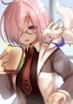  1girl :d black-framed_eyewear black_shirt fate/grand_order fate_(series) food fou_(fate) glasses hair_over_one_eye highres holding holding_food jacket long_sleeves looking_at_viewer mash_kyrielight necktie one_eye_covered open_clothes open_jacket pink_hair purple_eyes red_necktie sandwich shiny shiny_hair shirt short_hair skoll_world smile solo upper_body wing_collar 