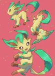  :d absurdres brown_eyes closed_eyes commentary fangs highres leafeon multiple_views no_humans nose_bubble nullma open_mouth pink_background pokemon pokemon_(creature) shiny sleeping smile standing toes tongue 