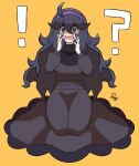  ! 1girl ? @_@ ahoge bangs black_hair blush commentary_request dress embarrassed full_body hair_between_eyes hairband hands_up hex_maniac_(pokemon) highres ida_(idalol490) kneeling long_hair long_sleeves looking_at_viewer messy_hair open_mouth pokemon pokemon_(game) pokemon_xy purple_hairband signature simple_background solo tongue turtleneck yellow_background 