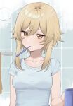  1girl alternate_costume bangs bathroom blonde_hair blue_shirt blush bra_visible_through_clothes breasts brushing_teeth closed_mouth commentary cup eyebrows_visible_through_hair genshin_impact hair_between_eyes highres holding holding_cup long_hair lumine_(genshin_impact) medium_breasts mouth_hold shirt short_sleeves sidelocks sleepy solo syhan t-shirt tile_wall tiles toothbrush towel_rack upper_body yellow_eyes 