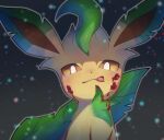  :q absurdres blush brown_eyes closed_mouth commentary food food_on_face highres leafeon licking_lips looking_at_viewer no_humans nullma outline pokemon pokemon_(creature) shiny smile solo tongue tongue_out 