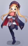  1girl :d abigail_williams_(fate) artoria_pendragon_(caster)_(fate) artoria_pendragon_(caster)_(fate)_(cosplay) artoria_pendragon_(fate) bangs belt beret black_gloves black_legwear blonde_hair blue_cape blue_eyes blue_footwear blue_headwear blush boots breasts buttons cape cosplay double-breasted dress fate/grand_order fate_(series) forehead full_body gloves hat highres hood hooded_cape long_hair long_sleeves looking_at_viewer miya_(miyaruta) multicolored_cape multicolored_clothes open_mouth pantyhose parted_bangs red_cape small_breasts smile stuffed_animal stuffed_toy teddy_bear white_dress 