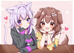  2girls :d ahoge animal_ears bangs black_collar black_hoodie bone_hair_ornament braid breasts brown_background brown_hair cartoon_bone cat_ears cat_girl cat_tail cleavage collar commentary_request dog_ears dog_girl dog_tail dotted_line drawstring dress eyebrows_visible_through_hair hair_between_eyes hair_ornament hair_over_shoulder heart highres hololive hood hood_down hoodie inugami_korone jacket long_hair long_sleeves looking_at_viewer medium_breasts multiple_girls nekomata_okayu off_shoulder open_clothes open_jacket purple_eyes purple_hair red_collar red_eyes shinonome_asu sleeves_past_wrists smile tail twin_braids upper_body virtual_youtuber white_dress yellow_jacket 