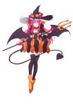  1girl :d absurdres black_legwear blue_eyes choker demon_tail demon_wings detached_sleeves elizabeth_bathory_(fate) elizabeth_bathory_(halloween_caster)_(fate) fang fate/grand_order fate_(series) full_body halloween_costume hat highres horns long_hair long_sleeves looking_at_viewer luozhou_pile orange_footwear pink_hair pointy_ears polearm simple_background skin_fang smile solo tail thighhighs trident weapon white_background wings witch_hat zettai_ryouiki 
