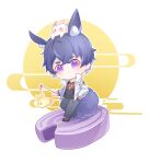  1boy :3 animal_ears bangs black_shirt blue_hair blue_pants bunny chibi closed_mouth full_moon hand_in_pocket highres holding holding_lantern jacket jewelry lantern looking_at_viewer male_focus marius_von_hagen_(tears_of_themis) moon necklace open_clothes open_jacket pants purple_eyes rabbit_boy rabbit_ears rabbit_tail shirt short_hair smile solo tail tears_of_themis white_background white_jacket xinsuimangguoren 