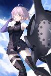  1girl absurdres ahoge armored_boots armored_leotard black_footwear black_leotard boots breasts breasts_apart elbow_gloves fate/grand_order fate_(series) gloves hair_over_one_eye highres kyo_(maae00) leotard looking_at_viewer mash_kyrielight medium_breasts medium_hair one_eye_covered parted_lips pink_hair purple_eyes purple_gloves shield shiny shiny_hair solo thigh_strap 