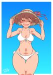  1girl abs absurdres adjusting_clothes adjusting_headwear alisa_(girls_und_panzer) artist_name bangs bikini blue_background border breasts brown_hair brown_headwear cowboy_shot dated eyebrows_visible_through_hair facing_viewer freckles front-tie_bikini front-tie_top girls_und_panzer gradient gradient_background groin hair_ornament halterneck hat hat_ribbon highres medium_breasts navel open_mouth outside_border red_ribbon ribbon shinkuukan_(tetsuo3) short_hair short_twintails signature smile solo standing star_(symbol) star_hair_ornament straw_hat swimsuit thigh_gap thighs twintails white_bikini white_border 