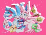  :d alcremie alternate_color azumarill blue_eyes blush character_doll commentary_request doll gardevoir half-closed_eyes highres holding holding_doll hydreigon ichino_524 mimikyu open_mouth pink_background pokemon pokemon_(creature) shiny_pokemon smile sparkle swirlix sylveon tongue whimsicott 