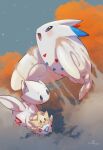  :d absurdres commentary evolutionary_line flying grey_eyes highres holding holding_pokemon no_humans nullma open_mouth pokemon pokemon_(creature) signature smile togekiss togepi togetic tongue 