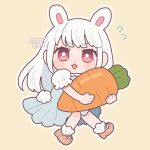  1girl animal_ears artist_name bangs blush bright_pupils brown_footwear eyebrows_visible_through_hair highres holding_carrot long_hair nokanok original outline oversized_food rabbit_ears rabbit_girl red_eyes simple_background solo tan_background white_hair white_outline white_pupils 