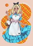  1girl alice_(alice_in_wonderland) alice_(alice_in_wonderland)_(cosplay) alice_in_wonderland apron ariazi blonde_hair blue_dress blush bow cosplay dark-skinned_female dark_skin dress gravity_daze hairband highres kitten_(gravity_daze) long_hair looking_at_viewer red_eyes simple_background smile solo 