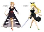  2girls absurdres asuna_(sao) black_bow black_choker black_dress black_skirt blonde_hair bow bracelet breasts bridal_gauntlets brown_eyes brown_hair choker cleavage closed_mouth collarbone dress floating_hair full_body green_eyes green_footwear hair_bow high_ponytail highres holding holding_sword holding_weapon jewelry katana large_breasts leafa long_hair looking_at_viewer medium_breasts miniskirt multiple_girls nail_polish pendant pink_choker pleated_skirt pointy_ears red_nails see-through shiny shiny_hair sidelocks simple_background skirt smile standing sword sword_art_online very_long_hair weapon white_background 