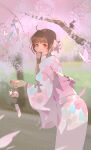  1girl absurdres ahoge artist_name blush brown_hair bug butterfly cherry_blossoms commentary_request dated eyebrows_visible_through_hair floral_print hair_bun hand_fan highres holding japanese_clothes kimono lips medium_hair nature original petals pink_butterfly pink_kimono red_eyes scenery solo tree zm-panda- 