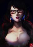  1girl absurdres bayonetta bayonetta_(series) bayonetta_3 black_hair braid candy earrings food glasses highres jewelry lipstick lollipop long_hair looking_at_viewer makeup mole mole_under_mouth multicolored_hair nude red_hair simple_background solo streaked_hair twin_braids xuuikie_ashe 