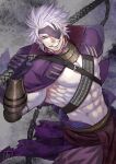  1boy abs anchor bara bare_pectorals bulge chain chest_belt chousokabe_motochika_(sengoku_basara) commentary_request dutch_angle eyepatch feet_out_of_frame gloves grin highres large_pectorals looking_at_viewer male_focus muscular muscular_male navel nipples over_shoulder pectorals pelvic_curtain sengoku_basara short_hair silver_hair smile solo stomach torawar weapon weapon_over_shoulder 