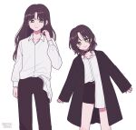  2girls artist_name black_coat black_hair black_pants choker coat collared_shirt feet_out_of_frame green_eyes grey_eyes highres long_hair long_sleeves medium_hair multiple_girls nokanok original pants shirt shirt_partially_tucked_in simple_background sleeves_past_wrists smile white_background white_shirt 