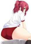  1girl ass ass_focus black_legwear blush buruma calf_socks green_eyes gym_shirt gym_uniform highres hino_minato_(spec.c) kurosawa_ruby looking_at_viewer looking_back love_live! love_live!_sunshine!! open_mouth red_buruma red_hair shirt short_hair short_sleeves simple_background sitting solo thighs two_side_up vaulting_horse white_background white_shirt 