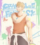  1boy bangs bara black_pants blonde_hair can closed_mouth clothes_around_waist facepaint granblue_fantasy hachikou_nameko hand_on_own_shoulder holding holding_can jacket jacket_around_waist jacket_removed looking_away male_focus muscular muscular_male orange_tank_top paint paint_can paint_splatter pants short_hair smile solo splatter_background tank_top vane_(granblue_fantasy) white_jacket 