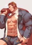  1boy absurdres bara black_suit boxers bulge claude_(housamo) edging_underwear facial_hair goatee guoguo highres large_pectorals laurel_crown leaf_print long_sideburns looking_to_the_side male_focus male_underwear mature_male muscular muscular_male necktie no_pants open_clothes open_shirt pectoral_cleavage pectorals print_male_underwear red_hair salaryman short_hair sideburns smile solo thick_eyebrows thighs tokyo_afterschool_summoners underwear 