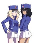  2girls andou_(girls_und_panzer) bangs bc_freedom_(emblem) bc_freedom_military_uniform black_eyes black_hair blonde_hair blue_eyes blue_headwear blue_jacket blue_vest closed_mouth commentary cowboy_shot crossed_arms dark-skinned_female dark_skin dress_shirt emblem frown girls_und_panzer hachiko_(kota091986) hand_on_hip hat high_collar highres jacket kepi long_sleeves looking_at_viewer looking_back medium_hair messy_hair military military_hat military_uniform miniskirt multiple_girls oshida_(girls_und_panzer) pleated_skirt shirt simple_background skirt standing uniform vest white_background white_shirt white_skirt 