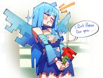  1girl allay block blue_dress blue_eyes blue_hair blush breasts cleavage dress flower flustered highres kaziedell looking_to_the_side minecraft rose shy speech_bubble wings 