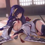  1girl absurdres ball blue_eyes braid braided_ponytail breasts cleavage elbow_gloves genshin_impact gloves hair_ornament hand_on_own_chest highres indoors japanese_clothes kimono large_breasts lips looking_at_viewer lying nanairo_(kim0116v) on_floor on_side purple_hair purple_legwear raiden_shogun red_lips sleeveless solo thighhighs thighs wide_sleeves 