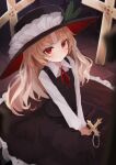  1girl black_headwear black_vest blonde_hair cross eyebrows_visible_through_hair frilled_hat frilled_skirt frills hat hat_feather holding holding_cross jacket_girl_(dipp) jewelry long_sleeves necklace pearl_necklace red_eyes red_neckwear shirt skirt solarisu solo touhou vest wavy_hair white_shirt 