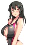  1girl bare_shoulders black_hair black_swimsuit blush breasts cleavage cleavage_cutout clothing_cutout commentary_request eyebrows_visible_through_hair hair_ornament hairclip huge_breasts kantai_collection long_hair looking_at_viewer montemasa navel one-piece_swimsuit open_mouth oyashio_(kancolle) partial_commentary simple_background sleeveless solo stomach_cutout swimsuit upper_body white_background yellow_eyes 