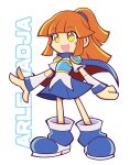  1girl :d arle_nadja armor artsy-rc blue_cape blue_footwear blue_skirt cape character_name commentary detached_sleeves english_commentary full_body halftone highres long_sleeves orange_hair pauldrons ponytail puyopuyo red_cape shoes short_sleeves shoulder_armor signature simple_background skirt smile solo standing two-sided_cape two-sided_fabric white_background yellow_eyes 
