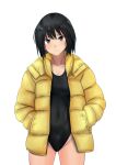  1girl amagami black_eyes black_hair black_sweater black_swimsuit bob_cut commentary competition_swimsuit cowboy_shot down_jacket hands_in_pockets highres jacket looking_at_viewer nanasaki_ai one-piece_swimsuit short_hair simple_background solo sweater swimsuit swimsuit_under_clothes white_background yellow_jacket ykh1028 