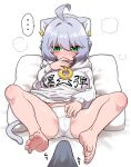  ... 1boy 1girl absurdres ahoge animal_ear_fluff animal_ears bangs bare_legs barefoot breasts bulge cameltoe cat_ears cat_girl cat_tail clothes_writing collar commentary_request erection erection_under_clothes feet green_eyes grey_hair hair_between_eyes hand_to_own_mouth hetero highres hood hood_down hoodie large_breasts long_sleeves lying ngetyan no_pants on_back original panties pillow pov renge_(ngetyan) simple_background solo_focus spoken_ellipsis spread_legs star_(symbol) tail toes underwear white_background white_hoodie white_panties 