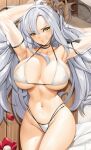  1girl armpits arms_up azur_lane bangs bikini bow breasts collarbone cowboy_shot detached_sleeves drake_(azur_lane) drake_(the_golden_hind&#039;s_respite)_(azur_lane) duplicate eyebrows_visible_through_hair groin highres large_breasts long_hair long_sleeves looking_at_viewer lying messy_hair navel official_alternate_costume on_back parted_lips petals pixel-perfect_duplicate see-through see-through_sleeves sidelocks solo swimsuit thighs tony_guisado very_long_hair white_bikini wooden_floor 