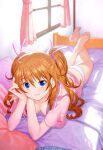  1girl barefoot blue_eyes breasts cleavage closed_mouth curtains eyebrows_visible_through_hair hair_between_eyes hair_ribbon highres houjou_hibiki kazuma_muramasa long_hair looking_at_viewer lying medium_breasts on_stomach orange_hair pink_ribbon precure ribbon smile soles suite_precure under_covers window 